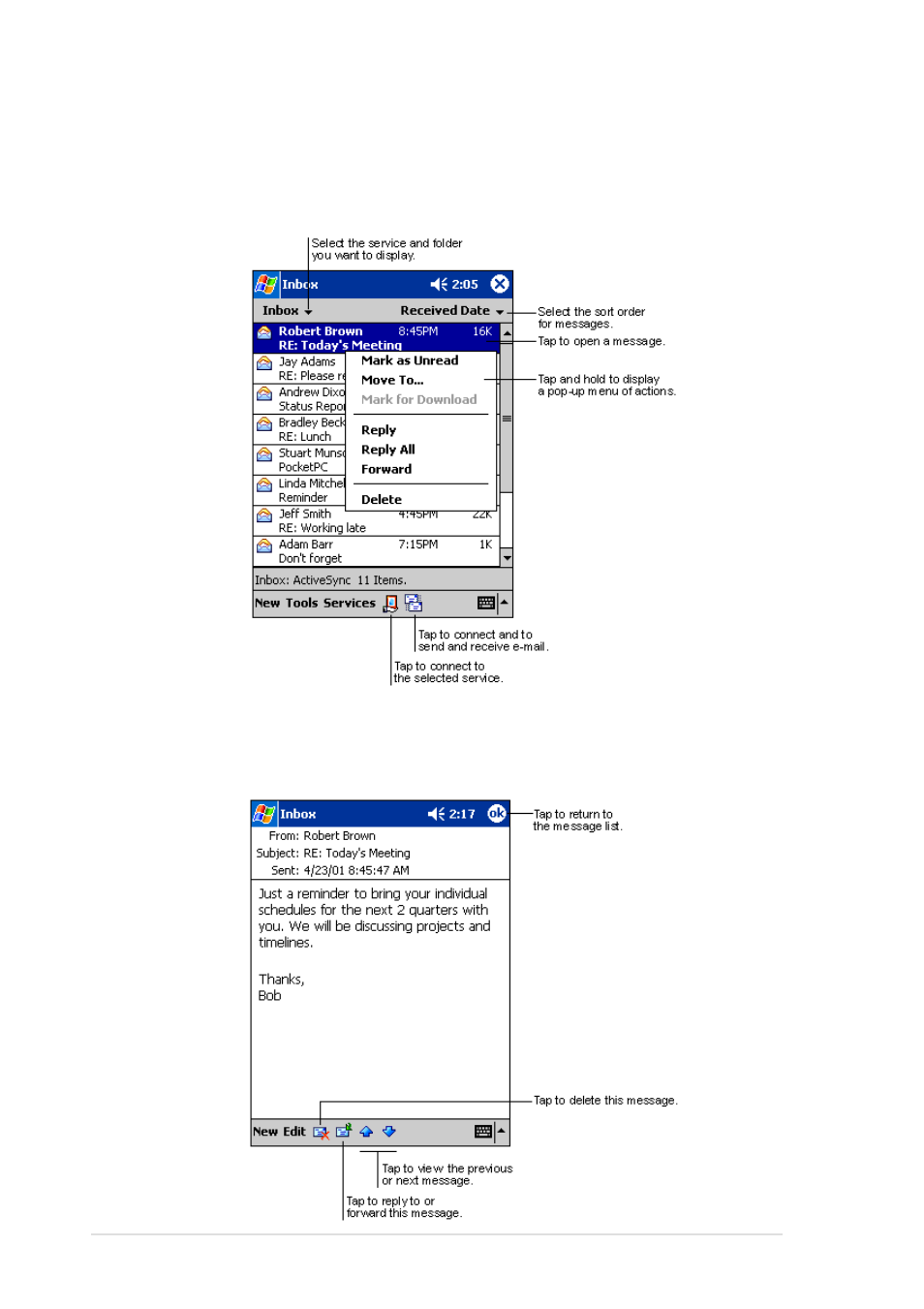 Using the message list | Asus MyPal A600 User Manual | Page 64 / 110