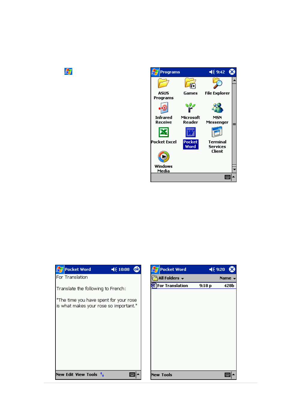 Saving pocket word documents, Creating pocket word documents | Asus MyPal A600 User Manual | Page 71 / 110