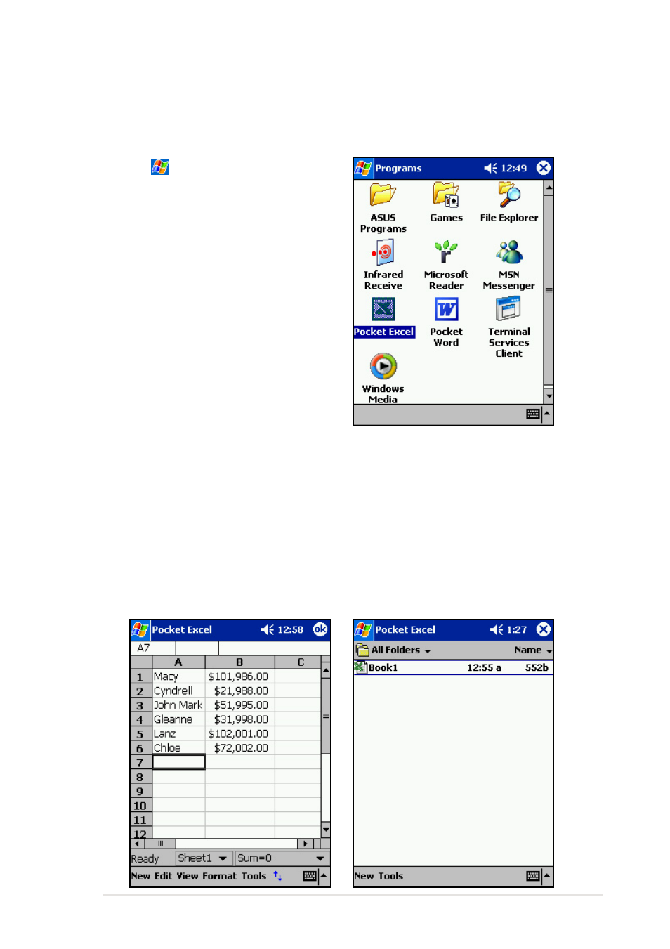 Saving pocket excel documents, Creating pocket excel documents | Asus MyPal A600 User Manual | Page 77 / 110