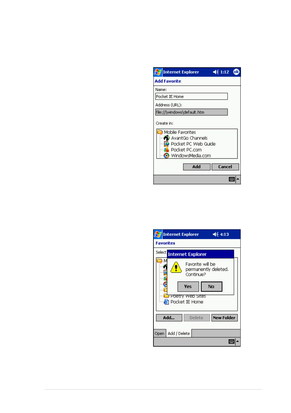 Adding/deleting mobile favorites and folders | Asus MyPal A600 User Manual | Page 95 / 110
