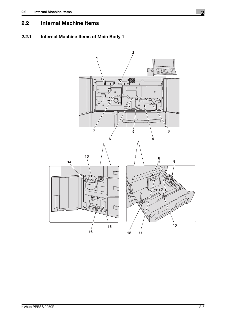 2 internal machine items, 1 internal machine items of main body 1, Internal machine items -5 | Internal machine items of main body 1 -5 | Konica Minolta bizhub PRESS 2250P User Manual | Page 13 / 76