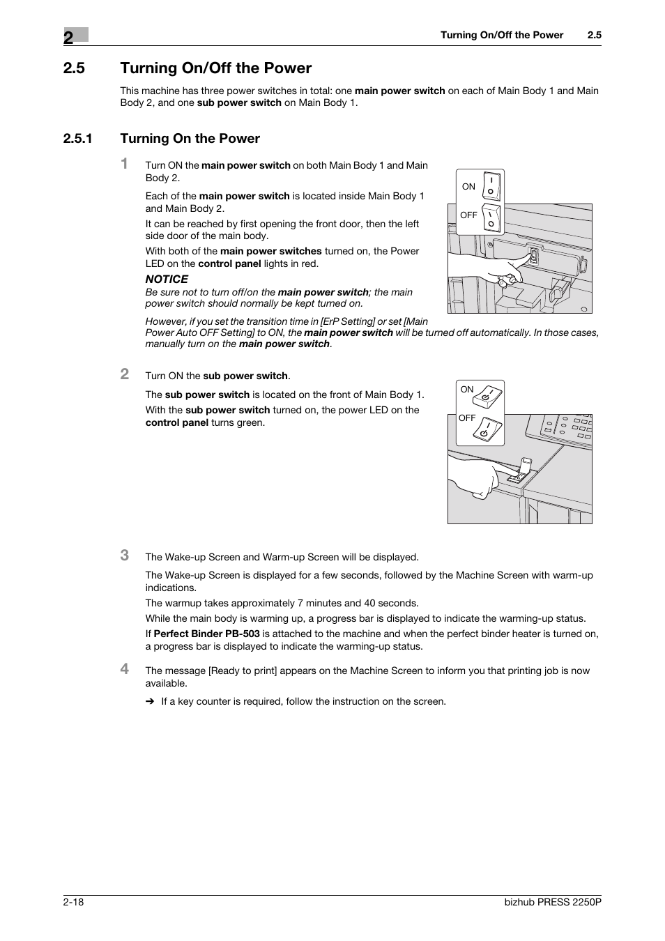 5 turning on/off the power, 1 turning on the power, Turning on/off the power -18 | Turning on the power -18 | Konica Minolta bizhub PRESS 2250P User Manual | Page 26 / 76