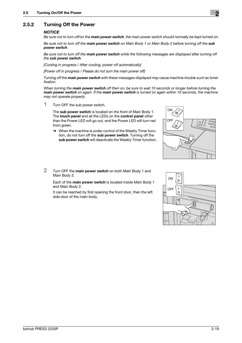 2 turning off the power, Turning off the power -19 | Konica Minolta bizhub PRESS 2250P User Manual | Page 27 / 76