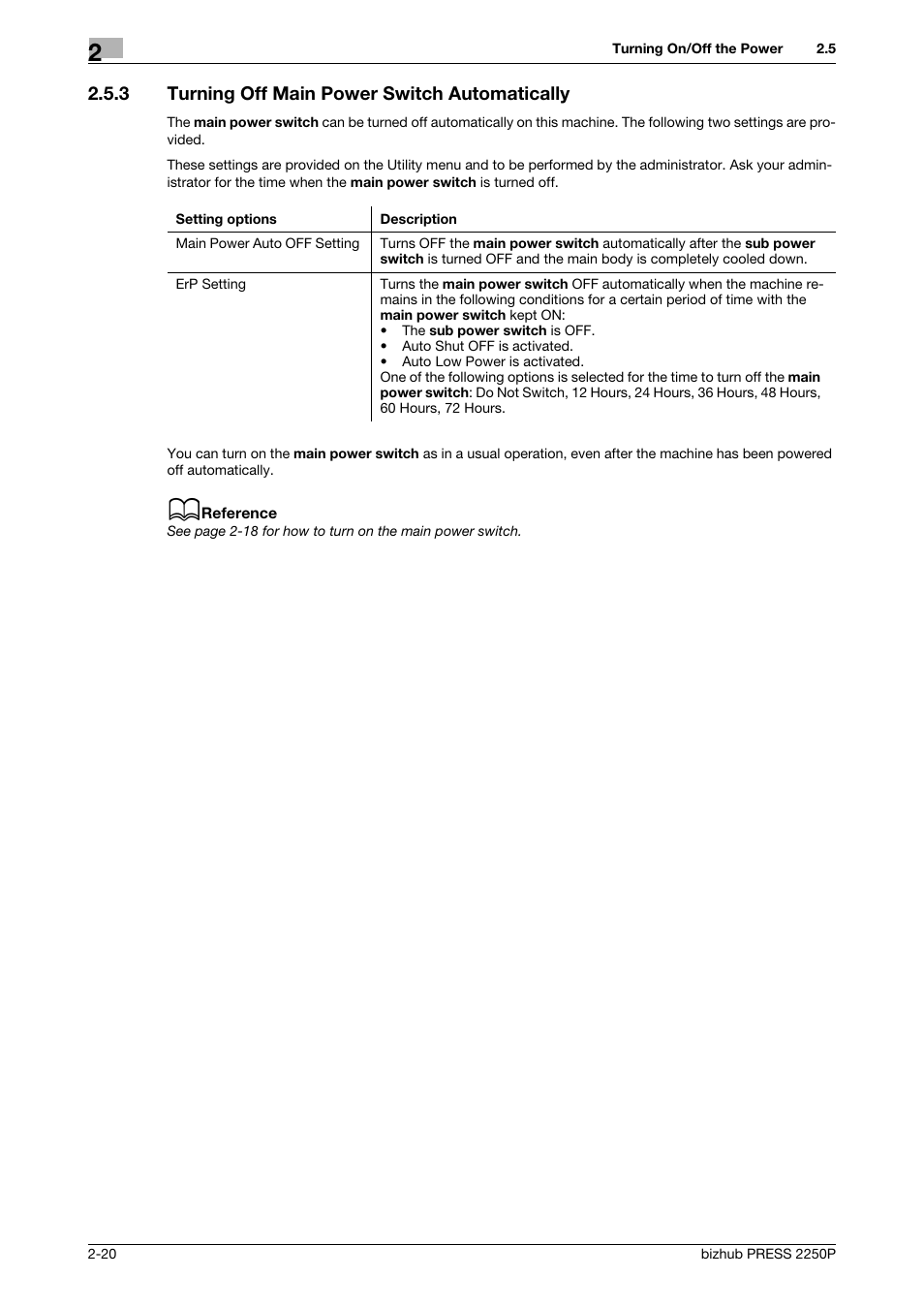 3 turning off main power switch automatically, Turning off main power switch automatically -20 | Konica Minolta bizhub PRESS 2250P User Manual | Page 28 / 76