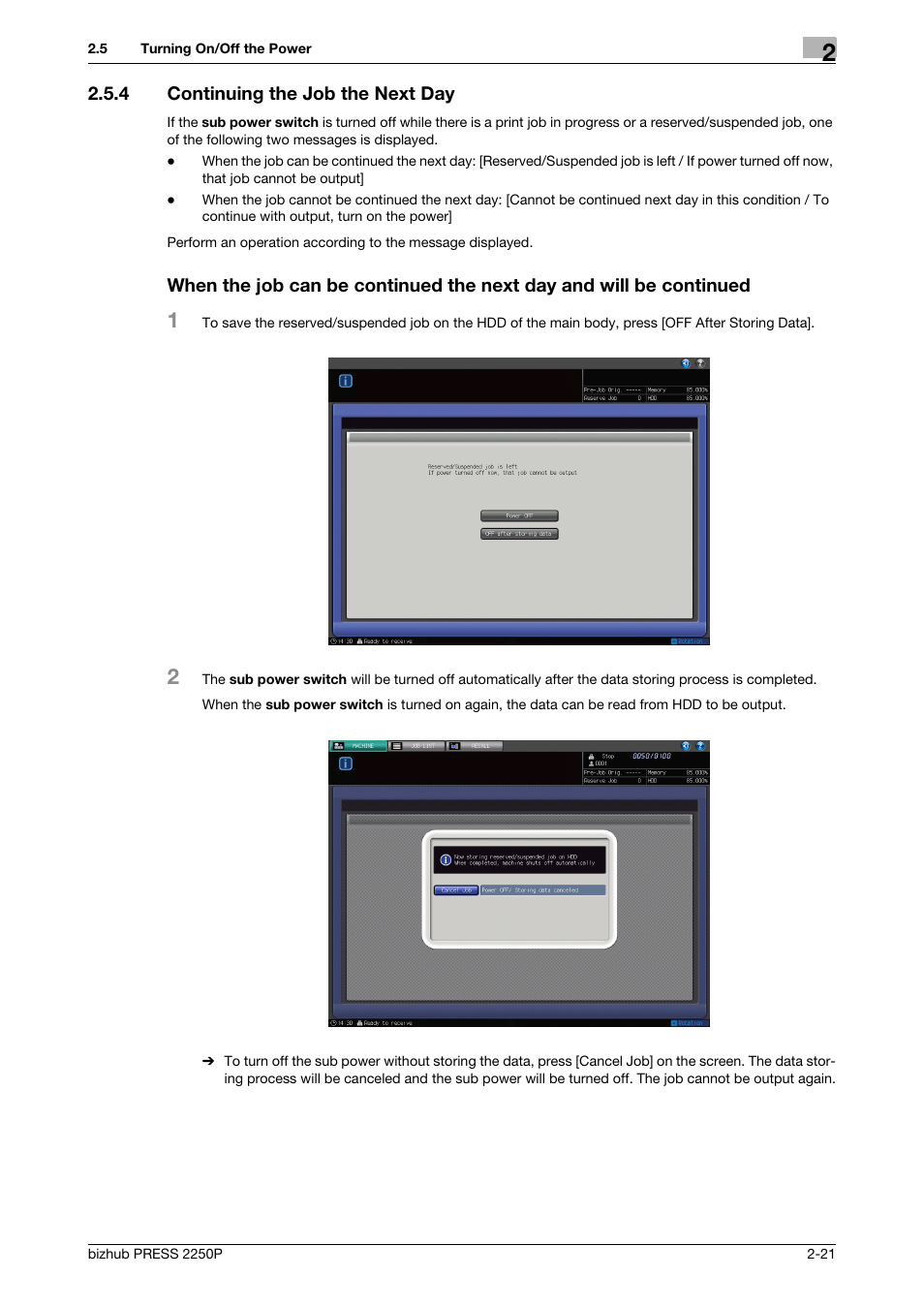 4 continuing the job the next day, Continuing the job the next day -21 | Konica Minolta bizhub PRESS 2250P User Manual | Page 29 / 76