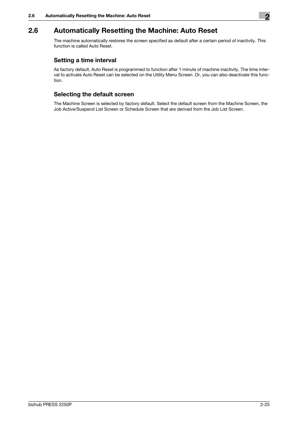 6 automatically resetting the machine: auto reset, Setting a time interval, Selecting the default screen | Konica Minolta bizhub PRESS 2250P User Manual | Page 33 / 76