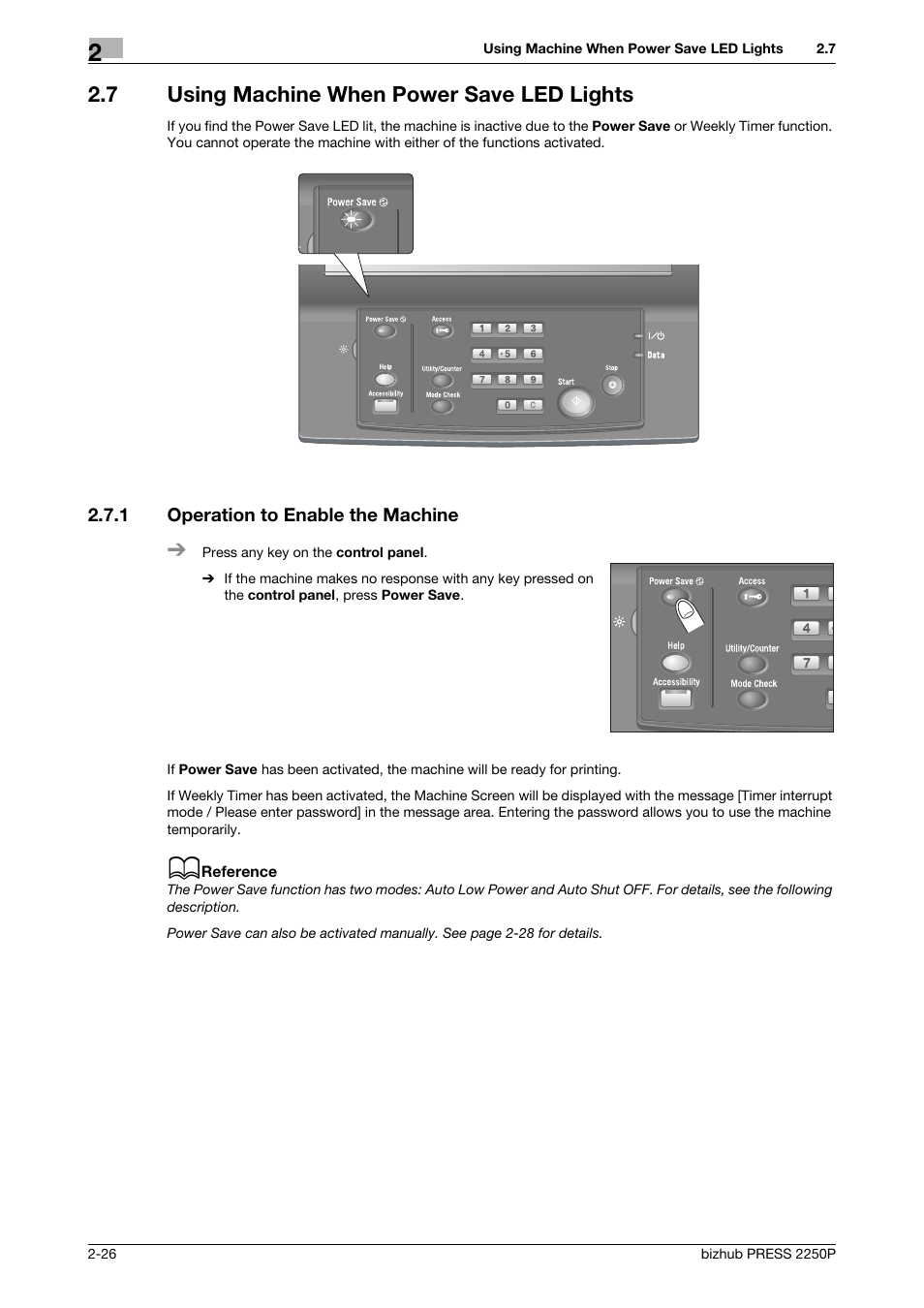 7 using machine when power save led lights, 1 operation to enable the machine, Using machine when power save led lights -26 | Operation to enable the machine -26 | Konica Minolta bizhub PRESS 2250P User Manual | Page 34 / 76