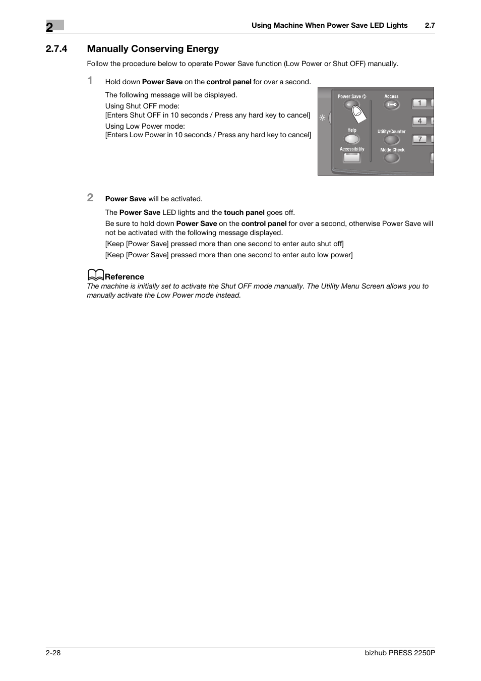 4 manually conserving energy, Manually conserving energy -28 | Konica Minolta bizhub PRESS 2250P User Manual | Page 36 / 76