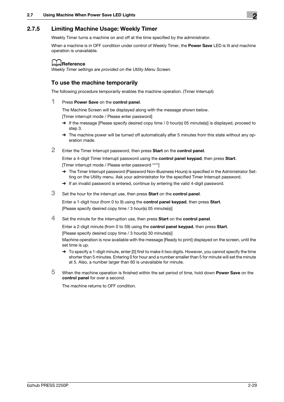 5 limiting machine usage: weekly timer, To use the machine temporarily, Limiting machine usage: weekly timer -29 | Konica Minolta bizhub PRESS 2250P User Manual | Page 37 / 76
