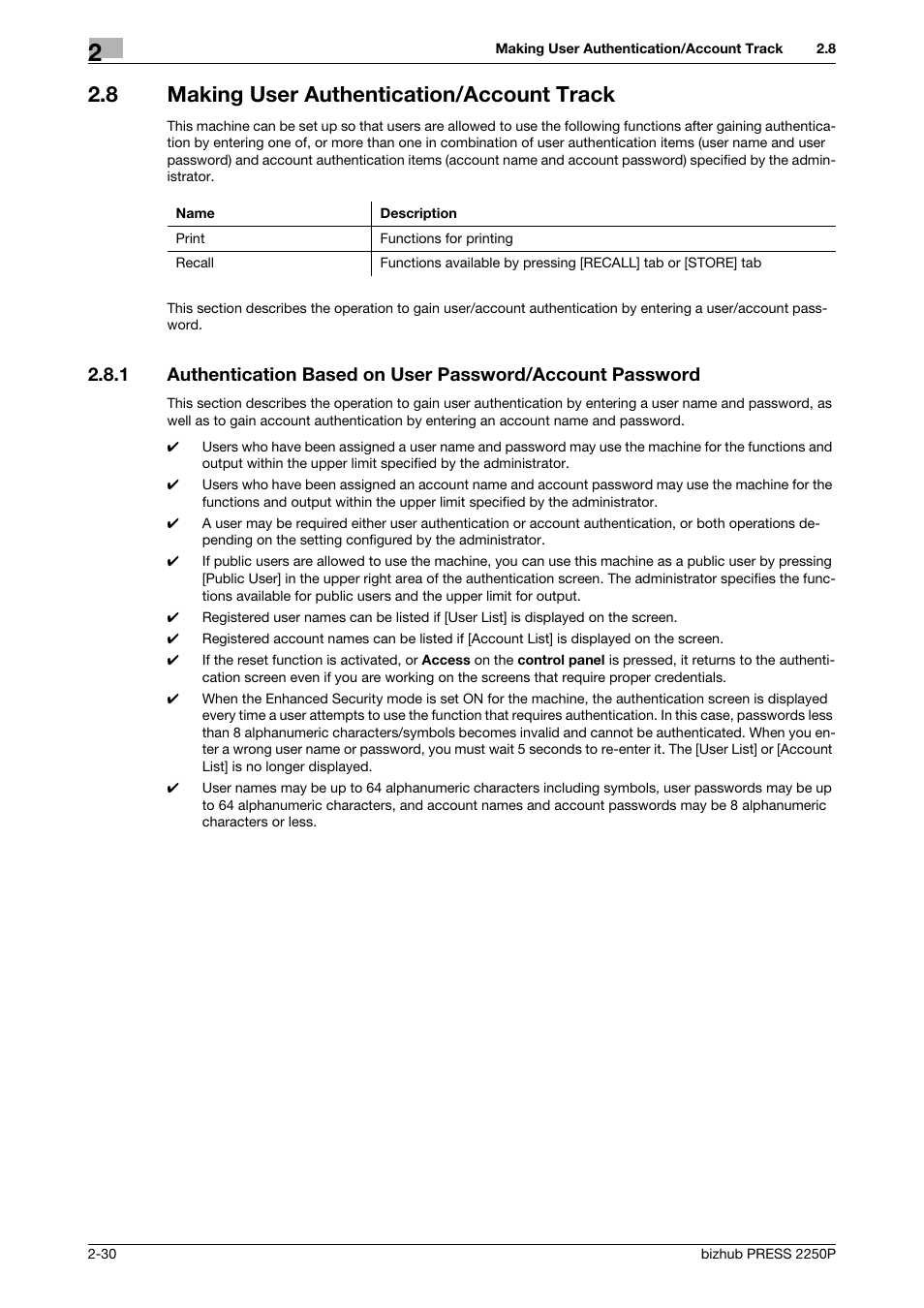 8 making user authentication/account track, Making user authentication/account track -30 | Konica Minolta bizhub PRESS 2250P User Manual | Page 38 / 76