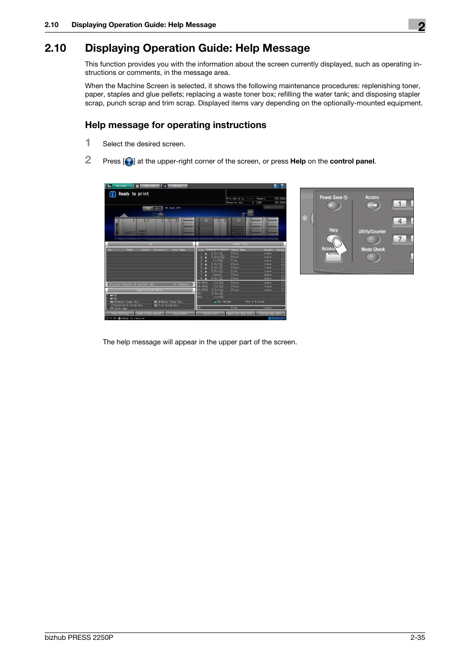 10 displaying operation guide: help message, Help message for operating instructions, Displaying operation guide: help message -35 | Konica Minolta bizhub PRESS 2250P User Manual | Page 43 / 76