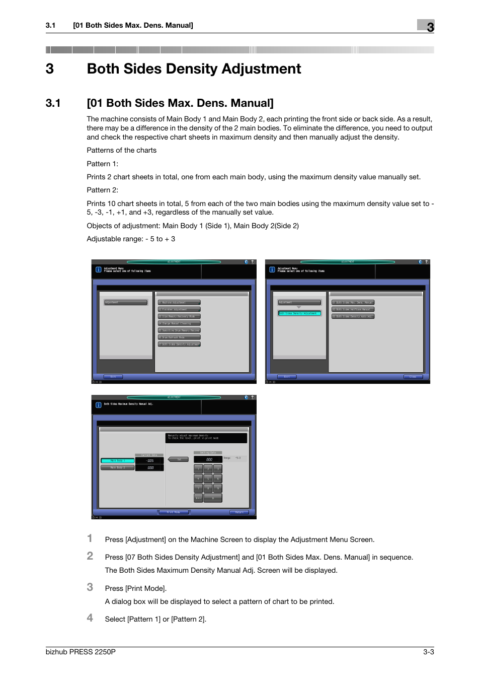 3 both sides density adjustment, 1 [01 both sides max. dens. manual, Both sides density adjustment | 01 both sides max. dens. manual] -3, 3both sides density adjustment | Konica Minolta bizhub PRESS 2250P User Manual | Page 49 / 76