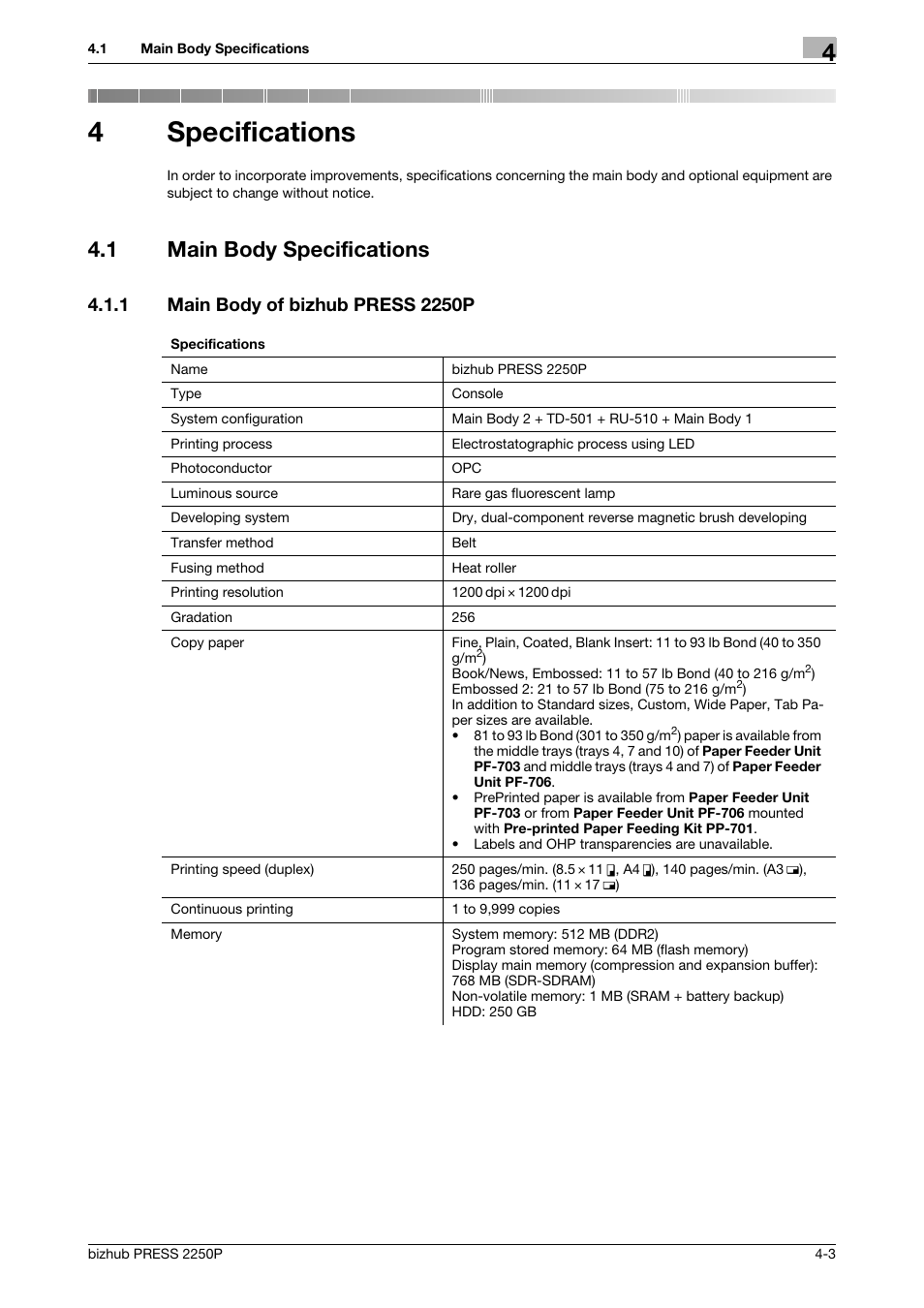 4 specifications, 1 main body specifications, 1 main body of bizhub press 2250p | Specifications, Main body specifications -3, Main body of bizhub press 2250p -3, 4specifications | Konica Minolta bizhub PRESS 2250P User Manual | Page 57 / 76