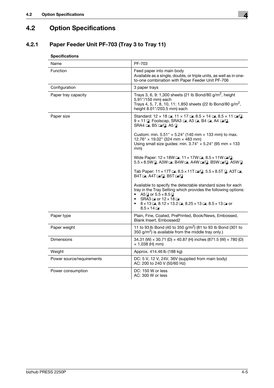 2 option specifications, 1 paper feeder unit pf-703 (tray 3 to tray 11), Option specifications -5 | Paper feeder unit pf-703 (tray 3 to tray 11) -5 | Konica Minolta bizhub PRESS 2250P User Manual | Page 59 / 76