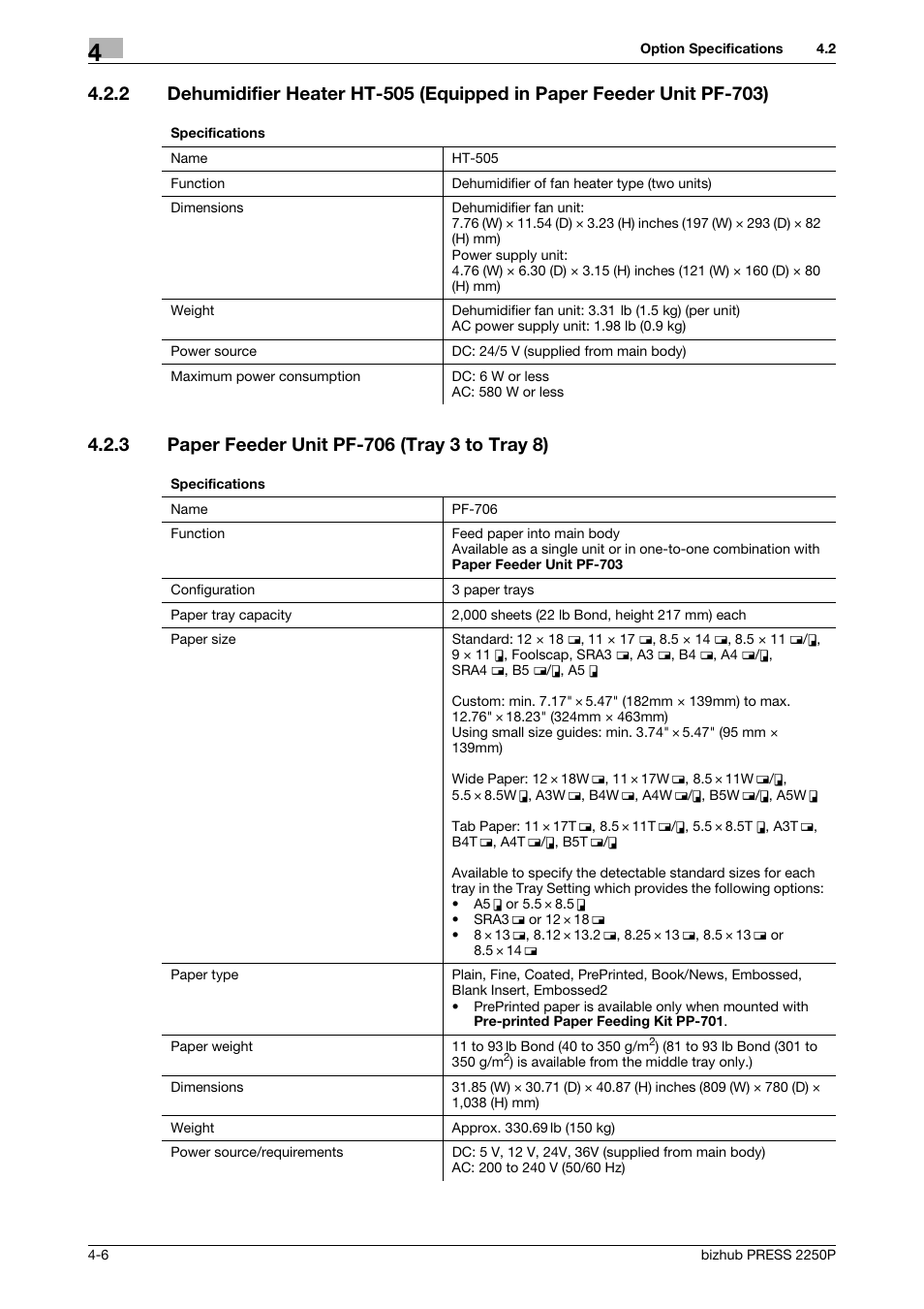 3 paper feeder unit pf-706 (tray 3 to tray 8), Paper feeder unit pf-706 (tray 3 to tray 8) -6 | Konica Minolta bizhub PRESS 2250P User Manual | Page 60 / 76