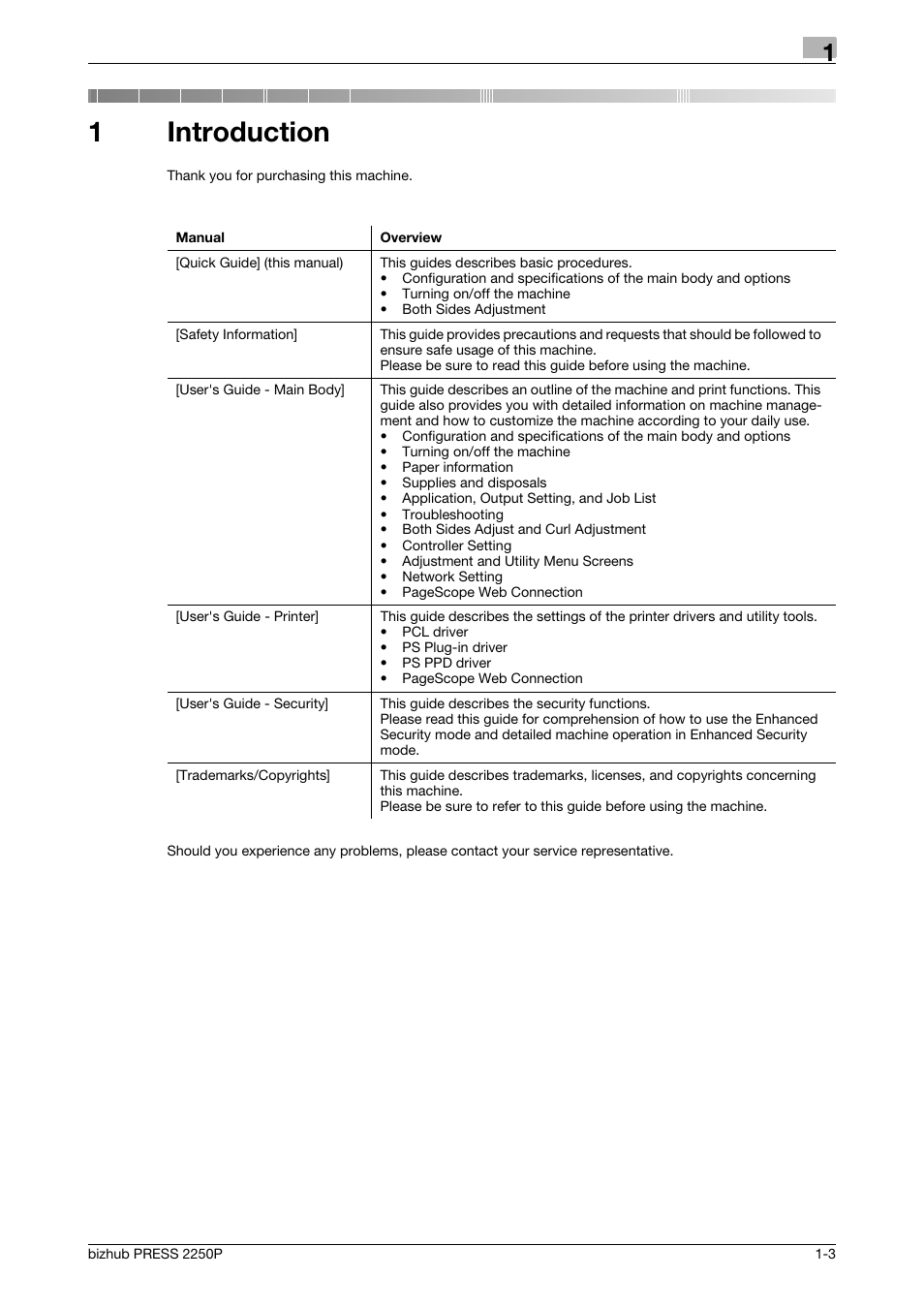 1 introduction, Introduction, 1introduction | Konica Minolta bizhub PRESS 2250P User Manual | Page 7 / 76