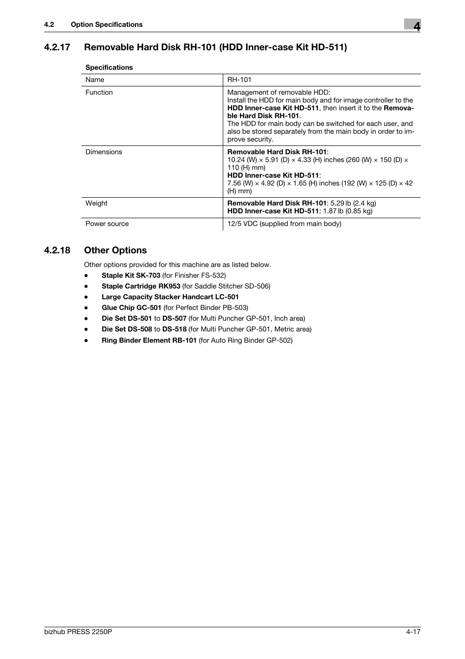 18 other options, Other options -17 | Konica Minolta bizhub PRESS 2250P User Manual | Page 71 / 76