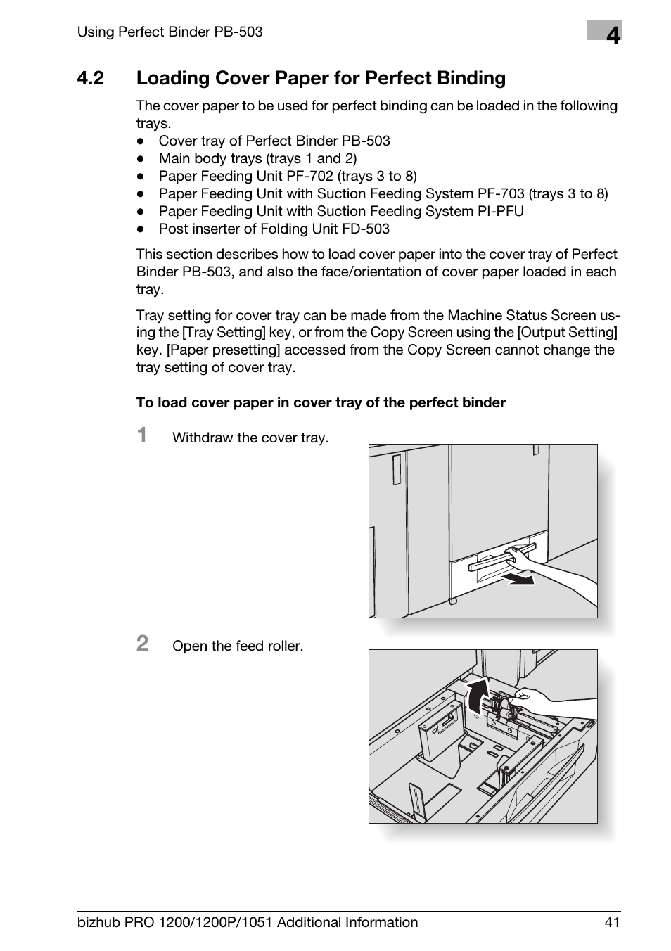 2 loading cover paper for perfect binding, Loading cover paper for perfect binding | Konica Minolta bizhub PRO 1200 User Manual | Page 45 / 80