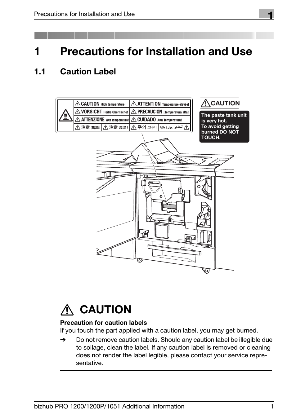 1 precautions for installation and use, 1 caution label, Precautions for installation and use | Caution label, 1precautions for installation and use, 7 caution | Konica Minolta bizhub PRO 1200 User Manual | Page 5 / 80