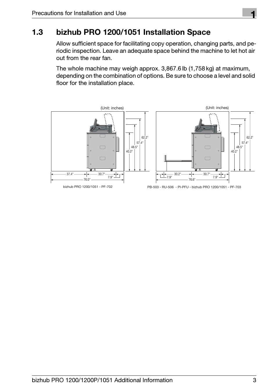 3 bizhub pro 1200/1051 installation space, Bizhub pro 1200/1051 installation space, Precautions for installation and use | Konica Minolta bizhub PRO 1200 User Manual | Page 7 / 80