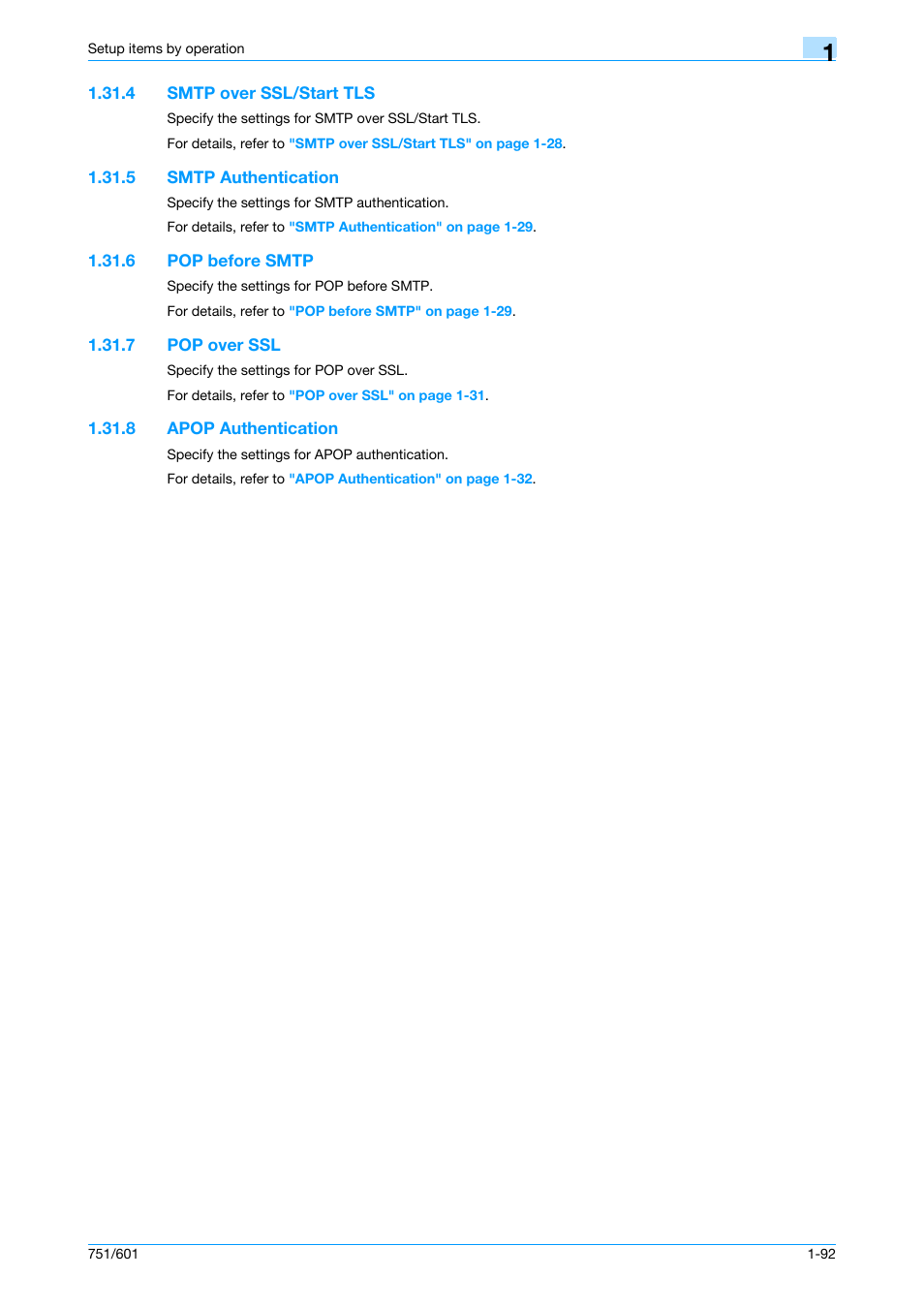4 smtp over ssl/start tls, 5 smtp authentication, 6 pop before smtp | 7 pop over ssl, 8 apop authentication, Smtp over ssl/start tls -92, Smtp authentication -92, Pop before smtp -92, Pop over ssl -92, Apop authentication -92 | Konica Minolta bizhub 601 User Manual | Page 105 / 233