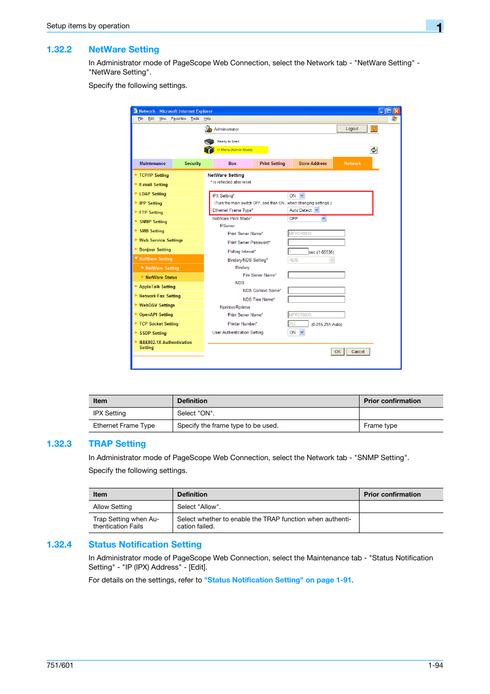 2 netware setting, 3 trap setting, 4 status notification setting | Netware setting -94, Trap setting -94, Status notification setting -94, Netware setting, Trap setting, Status notification setting | Konica Minolta bizhub 601 User Manual | Page 107 / 233