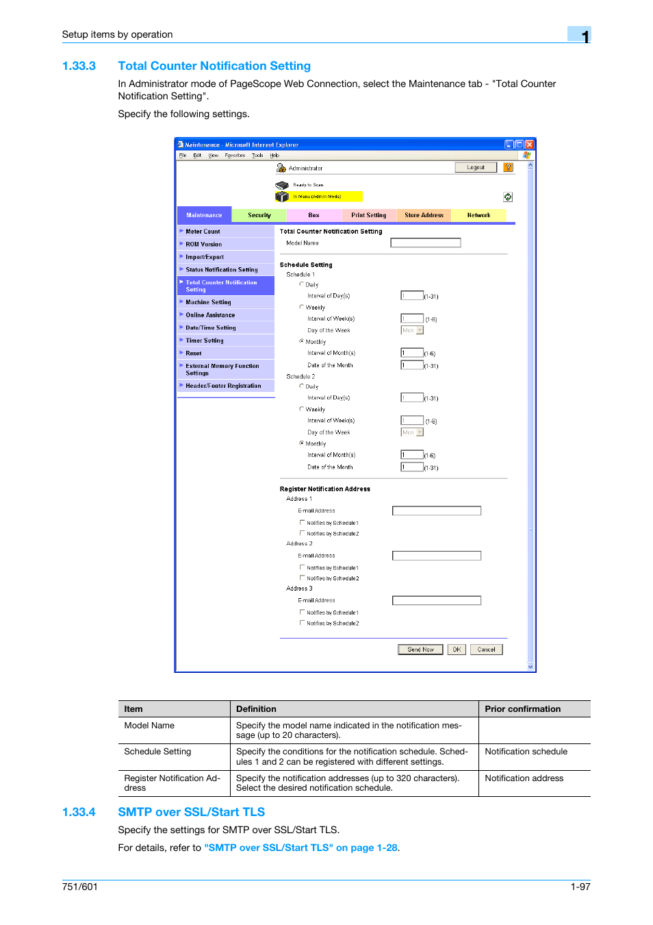 3 total counter notification setting, 4 smtp over ssl/start tls, Total counter notification setting -97 | Smtp over ssl/start tls -97, Total counter notification, Setting, Smtp over ssl/start tls | Konica Minolta bizhub 601 User Manual | Page 110 / 233