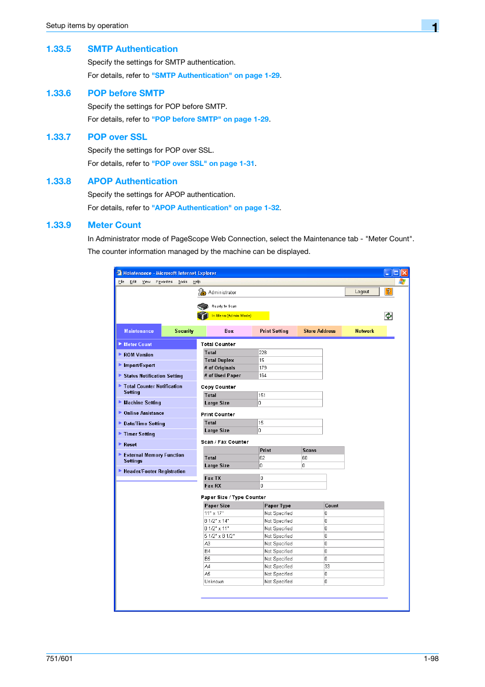 5 smtp authentication, 6 pop before smtp, 7 pop over ssl | 8 apop authentication, 9 meter count, Smtp authentication -98, Pop before smtp -98, Pop over ssl -98, Apop authentication -98, Meter count -98 | Konica Minolta bizhub 601 User Manual | Page 111 / 233