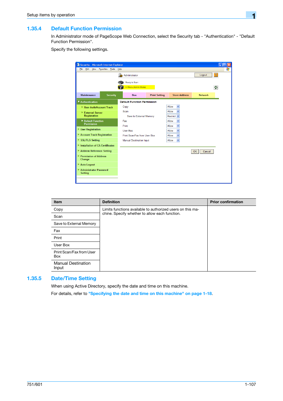 4 default function permission, 5 date/time setting, Default function permission -107 | Date/time setting -107, Default function permission, Date/time setting | Konica Minolta bizhub 601 User Manual | Page 120 / 233