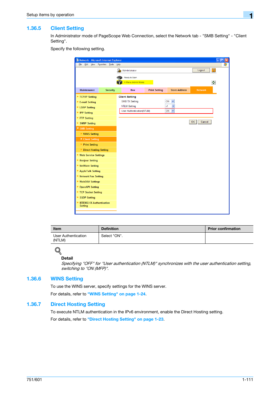 5 client setting, 6 wins setting, 7 direct hosting setting | Client setting -111, Wins setting -111, Direct hosting setting -111, Client setting, Direct hosting setting | Konica Minolta bizhub 601 User Manual | Page 124 / 233