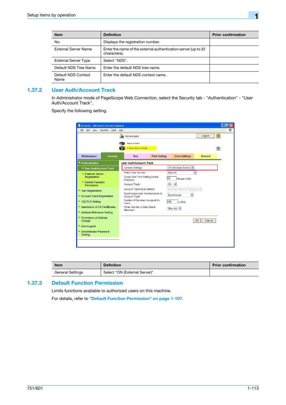 2 user auth/account track, 3 default function permission, User auth/account track -113 | Default function permission -113, User auth/account track, Default function permission | Konica Minolta bizhub 601 User Manual | Page 126 / 233