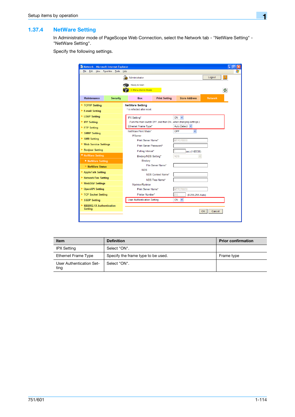 4 netware setting, Netware setting -114, Netware setting | Konica Minolta bizhub 601 User Manual | Page 127 / 233