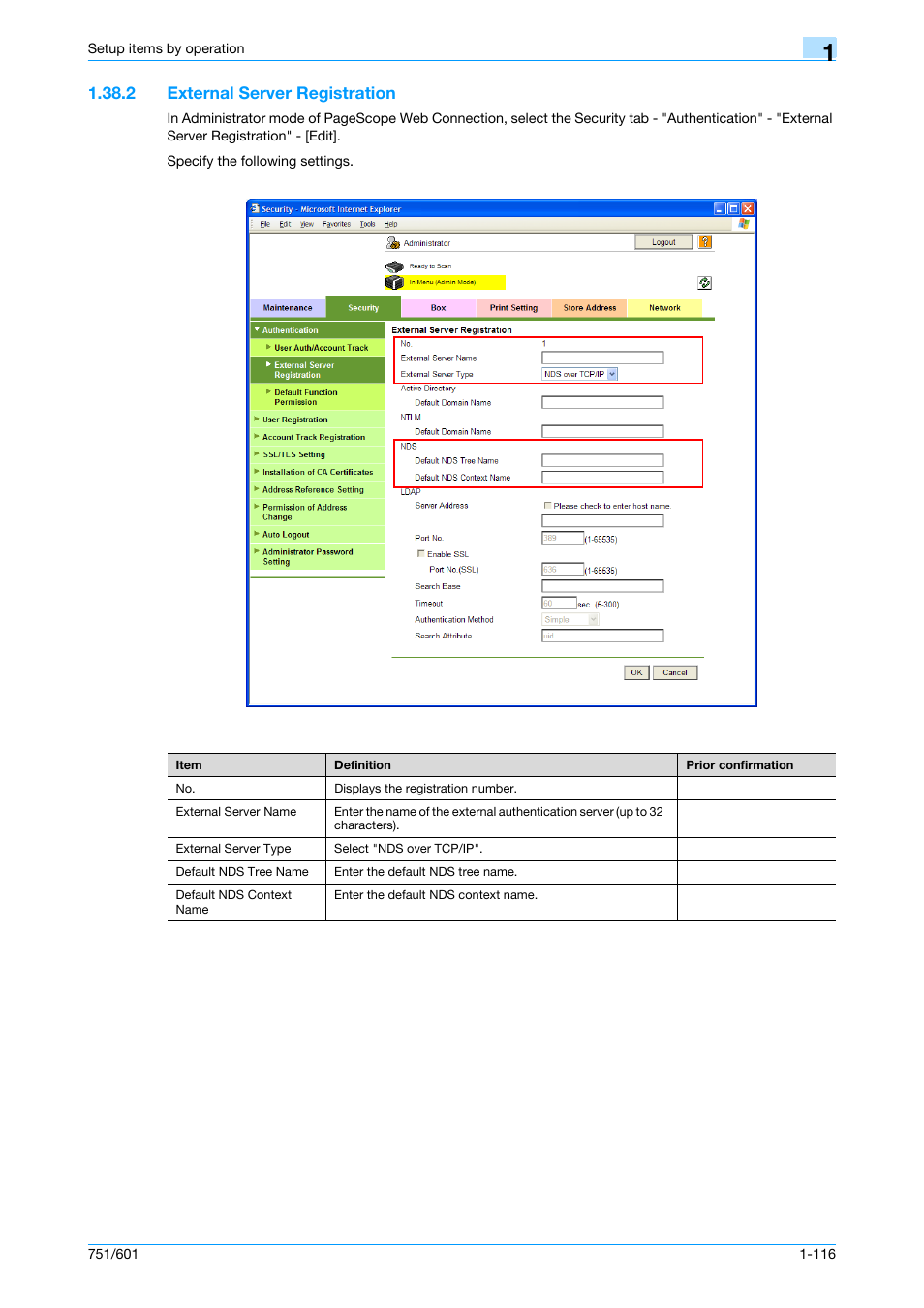 2 external server registration, External server registration -116 | Konica Minolta bizhub 601 User Manual | Page 129 / 233