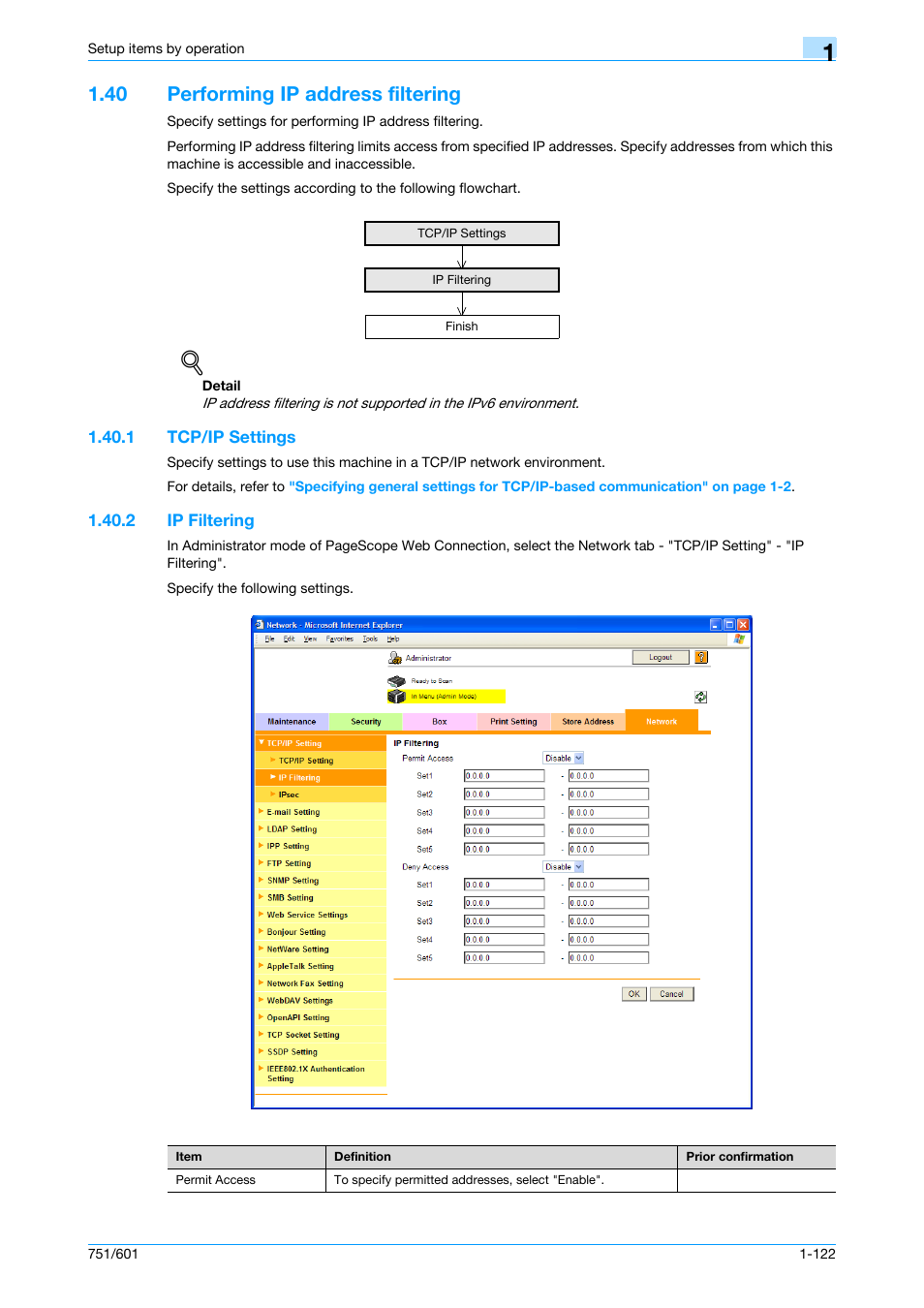 40 performing ip address filtering, 1 tcp/ip settings, 2 ip filtering | Performing ip address filtering -122, Tcp/ip settings -122, Ip filtering -122 | Konica Minolta bizhub 601 User Manual | Page 135 / 233