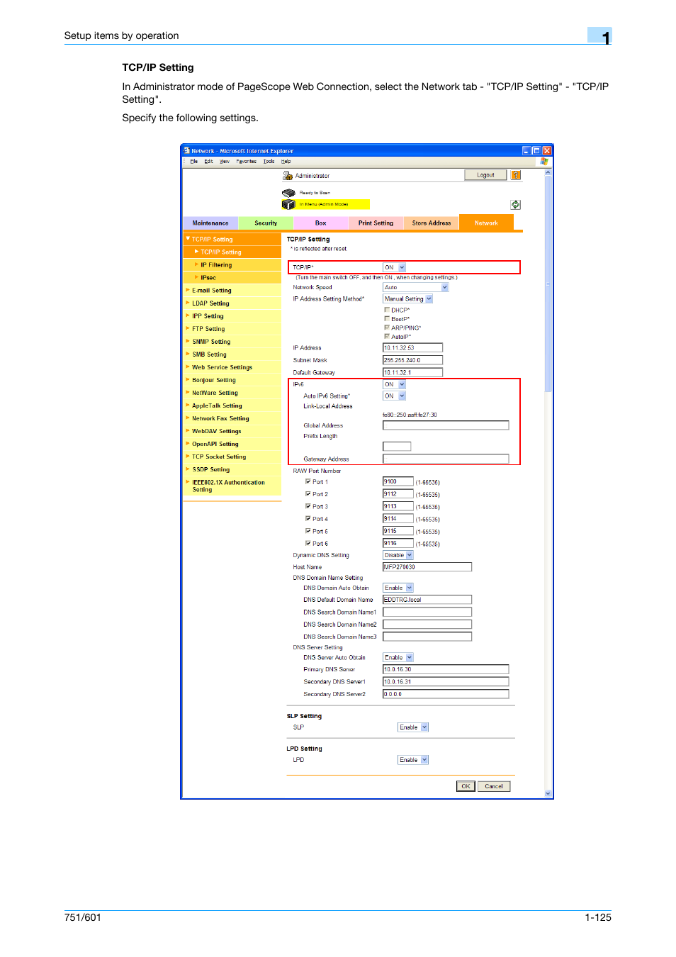 Tcp/ip setting, Tcp/ip setting -125 | Konica Minolta bizhub 601 User Manual | Page 138 / 233