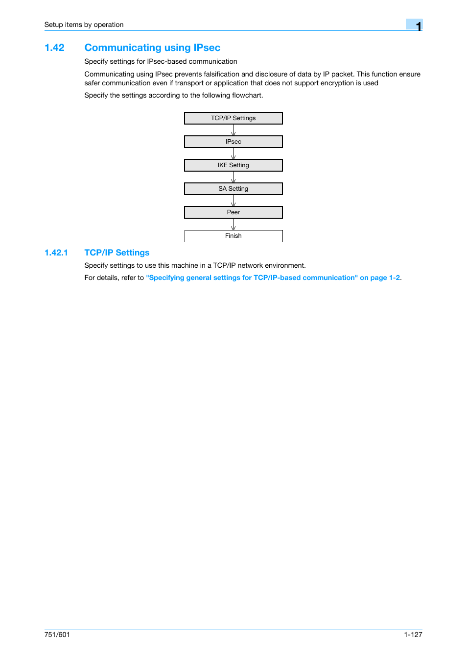 42 communicating using ipsec, 1 tcp/ip settings, Communicating using ipsec -127 | Tcp/ip settings -127 | Konica Minolta bizhub 601 User Manual | Page 140 / 233