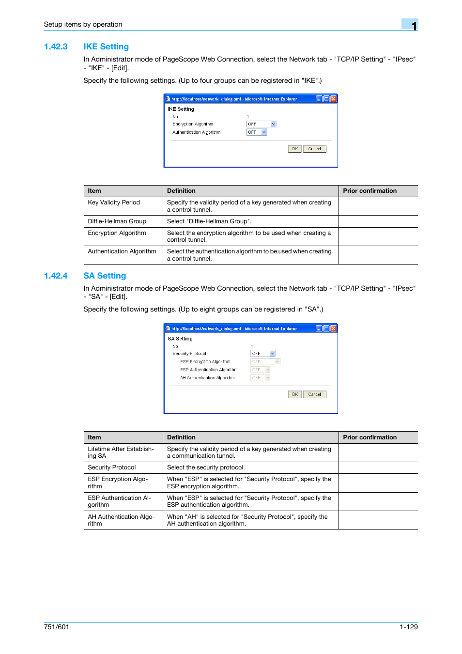 3 ike setting, 4 sa setting, Ike setting -129 | Sa setting -129, Ike setting, Sa setting | Konica Minolta bizhub 601 User Manual | Page 142 / 233