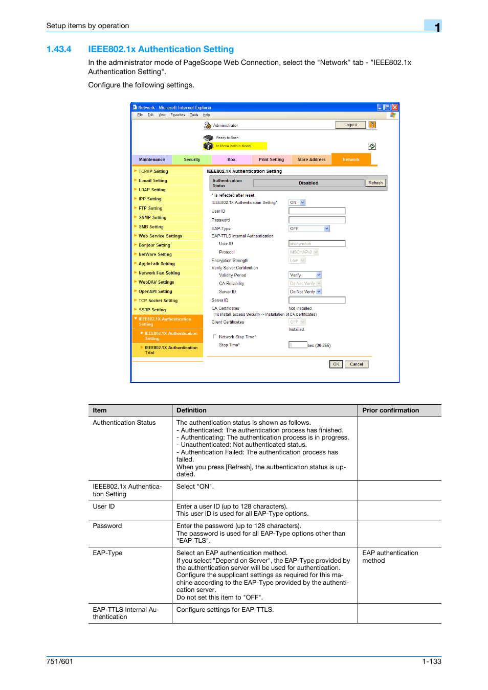 4 ieee802.1x authentication setting, Ieee802.1x authentication setting -133, Ieee802.1x authentication set | Ting | Konica Minolta bizhub 601 User Manual | Page 146 / 233