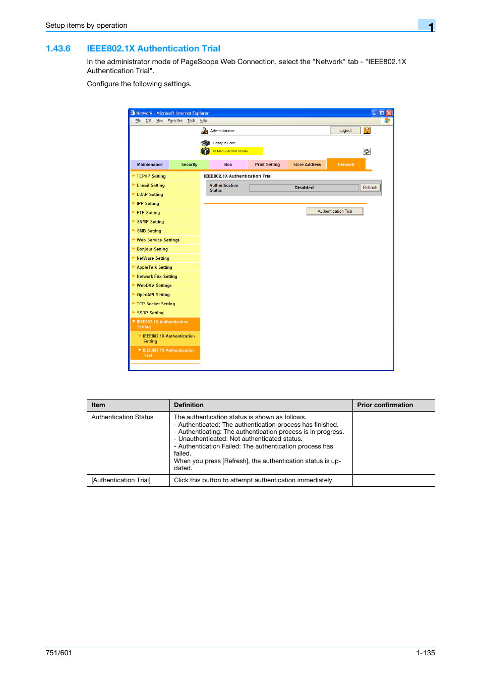 6 ieee802.1x authentication trial, Ieee802.1x authentication trial -135, Ieee802.1x authentication trial | Konica Minolta bizhub 601 User Manual | Page 148 / 233