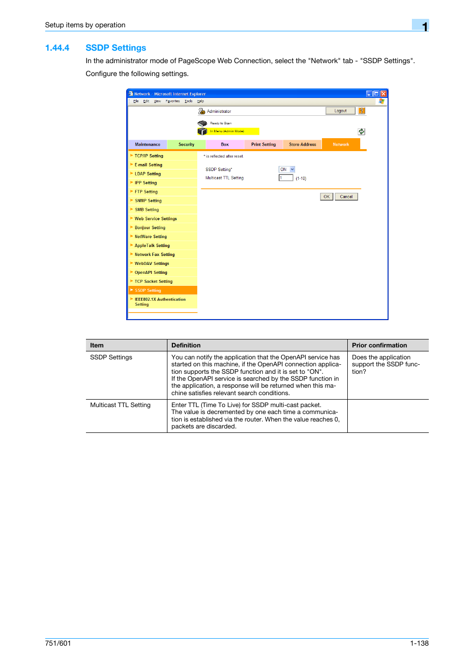 4 ssdp settings, Ssdp settings -138, Ssdp settings | Konica Minolta bizhub 601 User Manual | Page 151 / 233