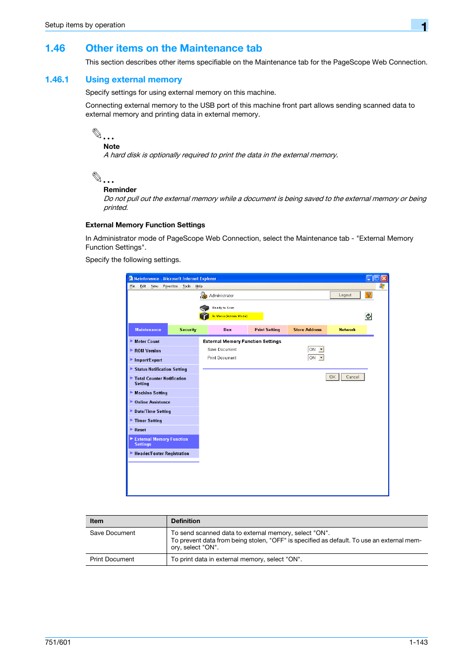 46 other items on the maintenance tab, 1 using external memory, External memory function settings | Other items on the maintenance tab -143 | Konica Minolta bizhub 601 User Manual | Page 156 / 233