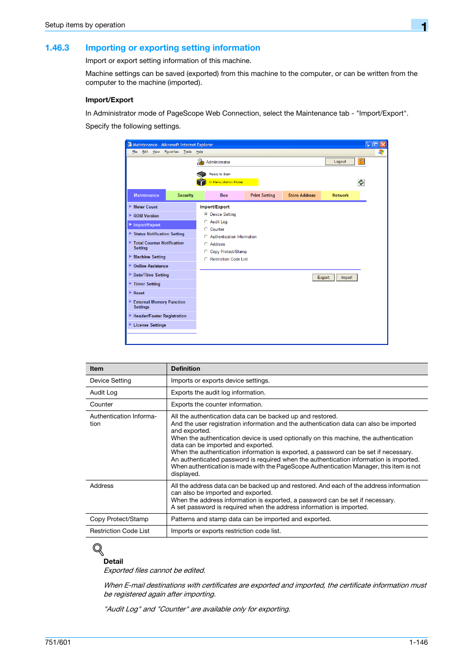 3 importing or exporting setting information, Import/export | Konica Minolta bizhub 601 User Manual | Page 159 / 233