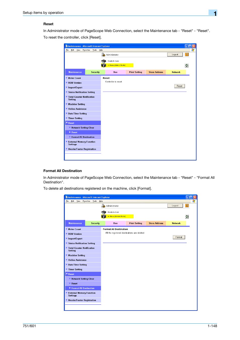 Reset, Format all destination, Reset -148 format all destination -148 | Konica Minolta bizhub 601 User Manual | Page 161 / 233