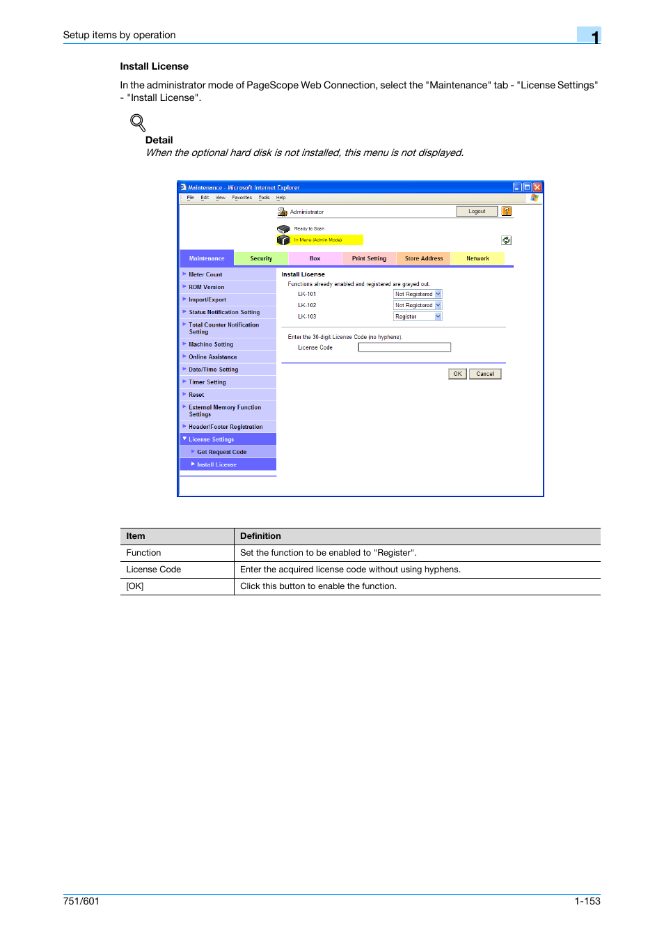 Install license, Install license -153 | Konica Minolta bizhub 601 User Manual | Page 166 / 233