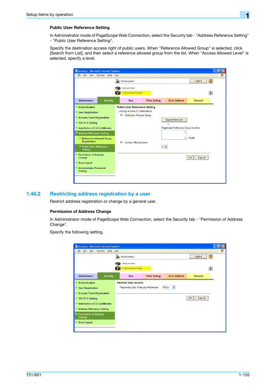 Public user reference setting, 2 restricting address registration by a user, Permission of address change | Public user reference setting -155 | Konica Minolta bizhub 601 User Manual | Page 168 / 233