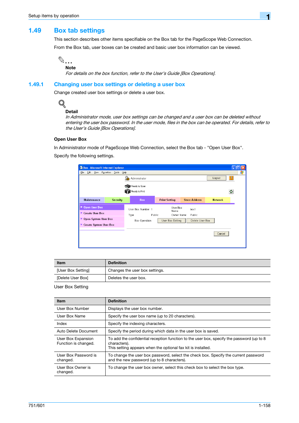 49 box tab settings, Open user box, Box tab settings -158 | Konica Minolta bizhub 601 User Manual | Page 171 / 233