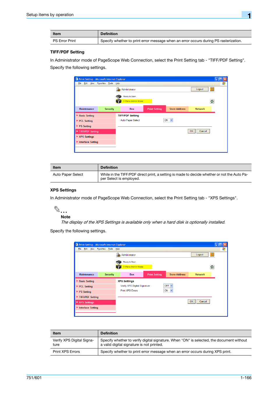 Tiff/pdf setting, Xps settings, Tiff/pdf setting -166 xps settings -166 | Konica Minolta bizhub 601 User Manual | Page 179 / 233