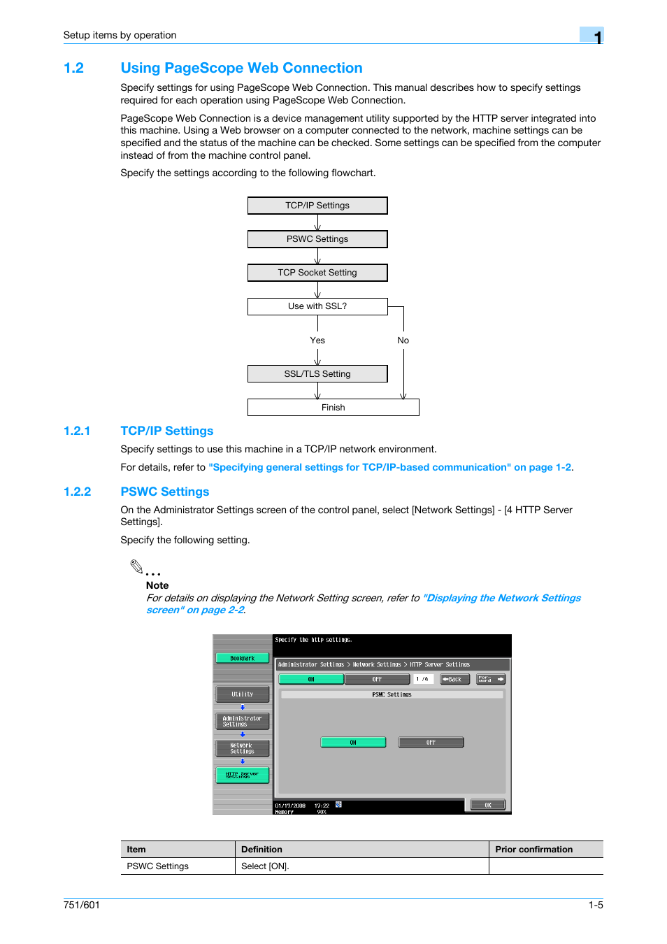 1 tcp/ip settings, 2 pswc settings, Tcp/ip settings -5 | Pswc settings -5, 2 using pagescope web connection | Konica Minolta bizhub 601 User Manual | Page 18 / 233