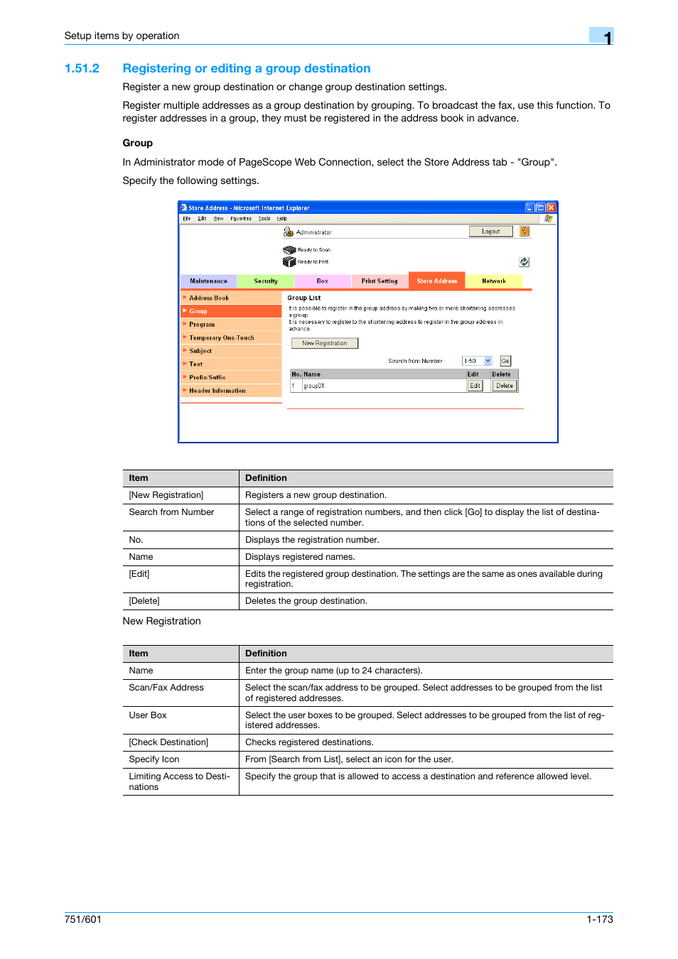 2 registering or editing a group destination, Group | Konica Minolta bizhub 601 User Manual | Page 186 / 233