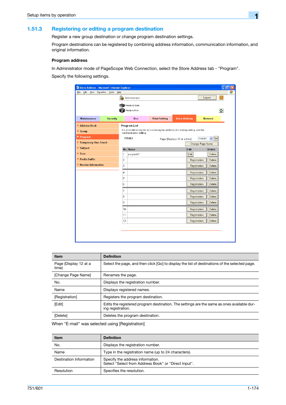 3 registering or editing a program destination, Program address | Konica Minolta bizhub 601 User Manual | Page 187 / 233